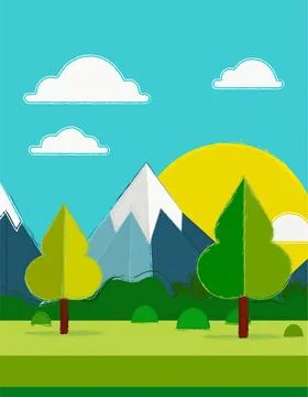 A cartoonish drawing of a mountain range with two trees and a sun in the sky Stock Illustration