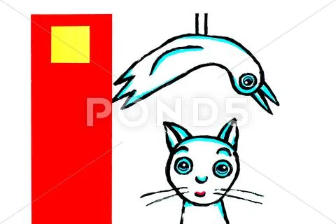 Cartoons cat and bird Stock Illustration