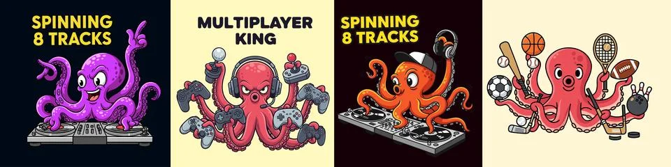 Cartoons of octopus characters doing different activities bundle design Stock Illustration