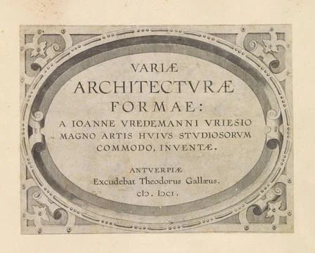 Cartouche with rolling frame and text: variable architecturae formae; Vari... 스톡 사진