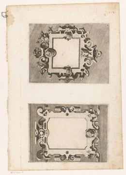 Cartouches with masks. Two ornamented rectangular cartouches on a leaf. Le... Stock Photos