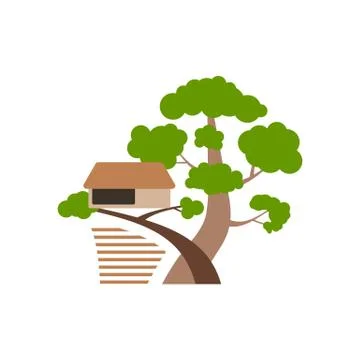 Cartton style house on tree vector illustration isolated on white background. Stock Illustration