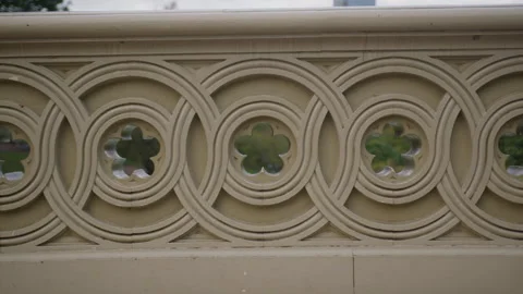 Carved Balustrade, Interlocking Circles, Quatrefoil, Pale Stone Stock Footage 343040525