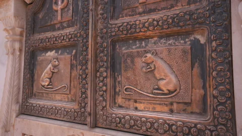 Carved bronze door panel with sacred rat relief motifs at Karni Mata Temple 動画素材 346772286
