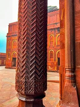 Carved column inside The Red Fort of Agra Stock Photos