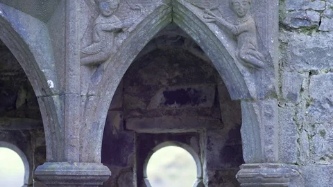 Carved Columns and Circular Window in Abbey Ruins Ireland Stock Footage 97998719