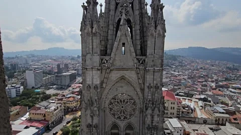 Carved Gothic Tower Face Above the City of Quito, Ecuador 4K Video stock 331485175
