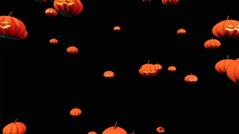 Carved halloween pumpkins falling against a black background. 4K 스톡 동영상 346664396