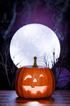 A carved lantern pumpkin with a smiling face in front of a full moon Illustrazione stock