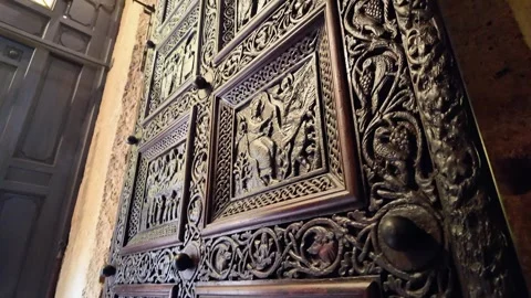 Carved pattern on the door of the temple Stock Footage 302473627