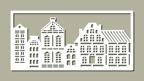 Carved picture with buildings in rectangular frame.  Stock Illustration