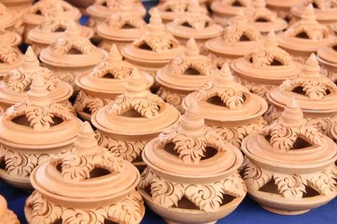 Carved pot rustic handmade thai Stock Photos