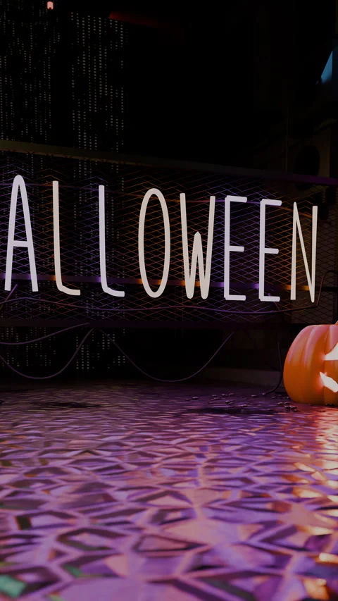 Carved pumpkin approached beneath a suspended neon sign in, Vertical 9:16 4K Stock Footage 346188609