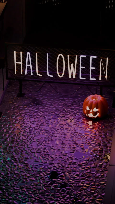 Carved pumpkin casting shadows on wet cobblestones under neon, Vertical 9:16 4K Stock Footage 346188343