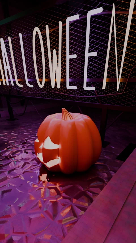Carved pumpkin face beneath a shifting neon sign in ruby light, Vertical 9:16 4K Stock Footage 346188457