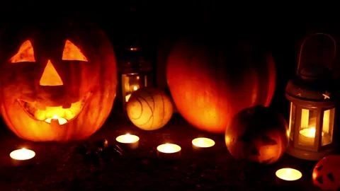 Carved pumpkin, jack o lantern, halloween theme, halloween decorations HALL.. Stock Footage 272460509