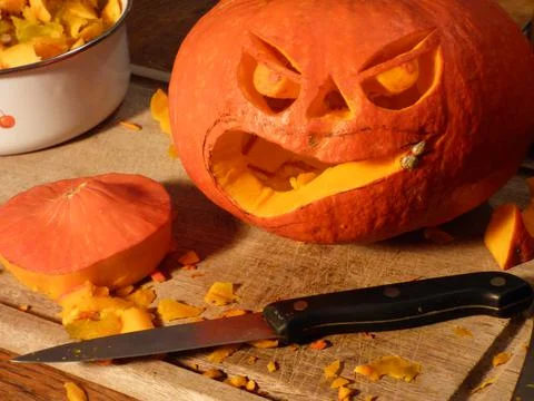 Carved pumpkin in progress Stock Photos