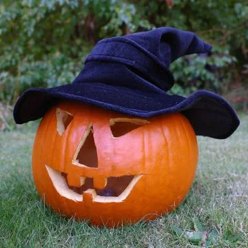 Carved pumpkin with a witch hat Stock Photos