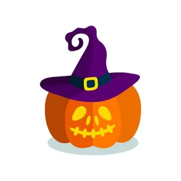 Carved pumpkin in witch hat. Vector illustration in flat style Stock Illustration