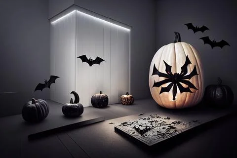 Carved pumpkins, bats and spiders near black front door of modern house Stock Illustration