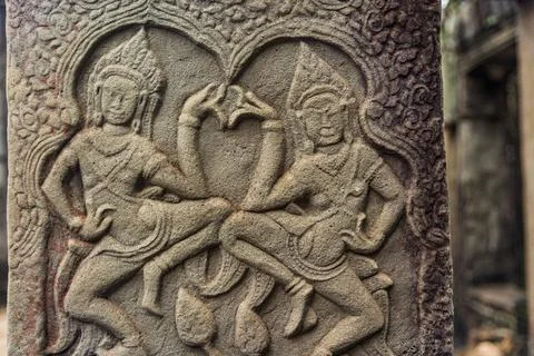 Carved representations of devata Angkor Wat, Cambodia Stock Photos
