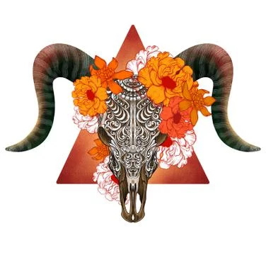 Carved skull in peonies Stock Illustration