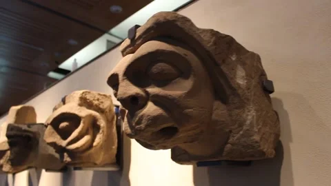 Carved Stone Figures on Display at Whitby Abbey, England, UK (10 Feb 2018) Stock Footage 345365403