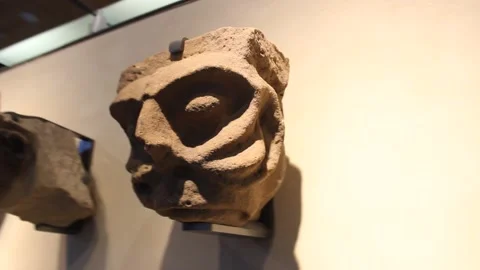 Carved Stone Figures on Display at Whitby Abbey, England, UK (10 Feb 2018) Stock Footage 345365405