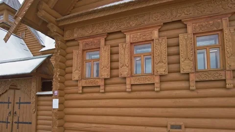 Carved window decoration, ornamental patterns on old house. Stock Footage 165938234