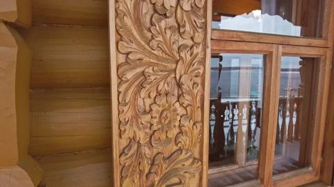 Carved window decoration, ornamental patterns on old house. Stock Footage 165938537