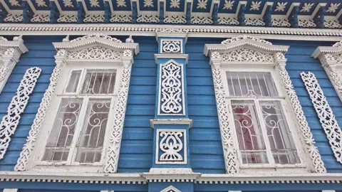 Carved window decoration, ornamental patterns on old house. Stock Footage 165939210