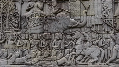 Carving artwork at Angkor Wat Stock Footage 99682375