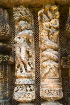 Carving on Cylindrical Columns Stock Photos