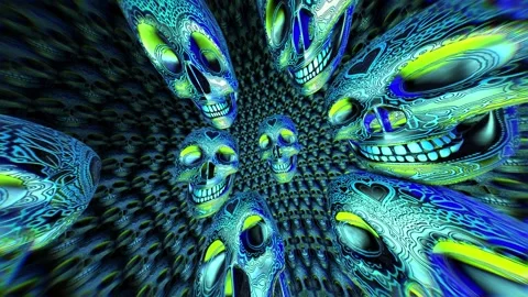 Carving metallic skulls space background. Seamless animation blue chrome Video stock 140321237