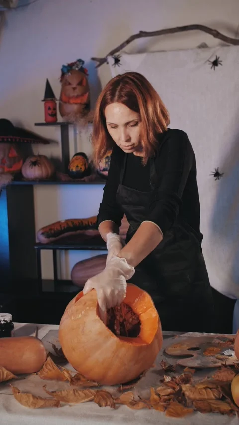 Carving pumpkins preparing halloween jack-o-lantern. Vertical video Stock Footage 320800820