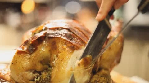 Carving A Roast Cooked Turkey For Christmas Or Thanksgiving Meal Stock Footage