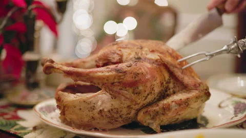 Carving roasted turkey during a festive holiday dinner Stock Footage 341279387