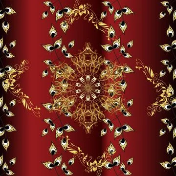 Carving. Seamless element woodcarving. Pattern on red, brown colors with golden 스톡 일러스트