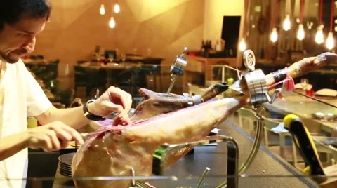 Carving Spanish jamon in a tapas bar Stock Footage 40903168
