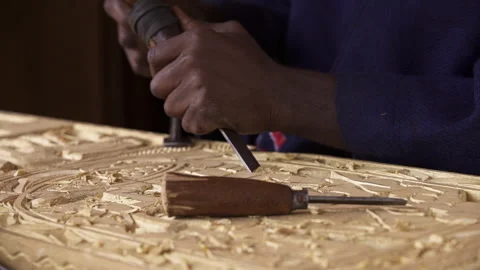 Carving Tool Close Up , African Artistic Wood Carving Stock Footage 259080556
