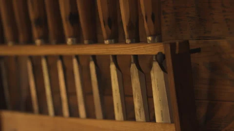 Carving tools in order on stand in workshop Stock Footage 275631209