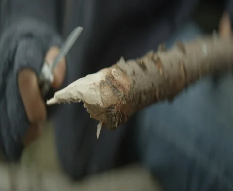 CARVING WOOD SPEAR USING POCKET KNIFE 01 Stock Footage 87223490