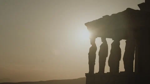 Caryatids of the Erechtheion Backlit on the Athens Acropolis Stock Footage 345677939