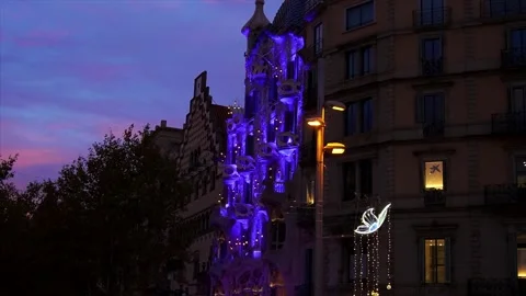 Casa Batlló Christmas lights in violet Stock Footage 203534008