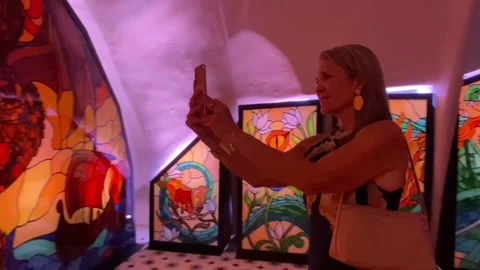 Casa Batlló installs three monumental stained glass windows inspired by the seri Stock Footage 337603054