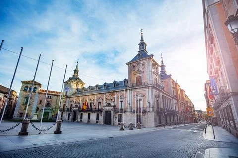 Casa de la Villa square and building of Madrid old town hall Stock Photos