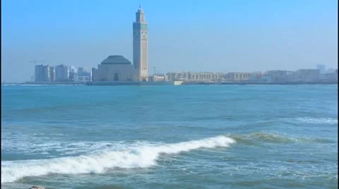 Casablanca Morocco exterior famous Hassen II Mosque largest mosque in Morocco Stock Footage