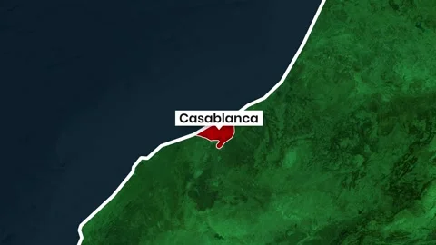 Casablanca motion map video highlights Morocco's coastline in animated footage Stock Footage 343115057