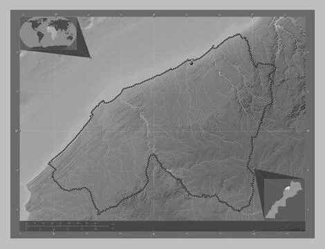 Casablanca-Settat, Morocco. Grayscale elevation map with lakes and rivers Illustrazione stock