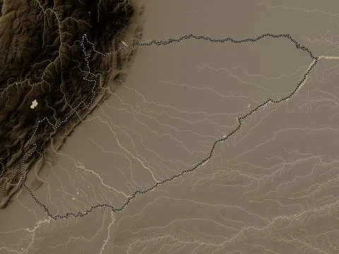 Casanare, Colombia. Elevation map colored in sepia tones with lakes and river Stock Illustration